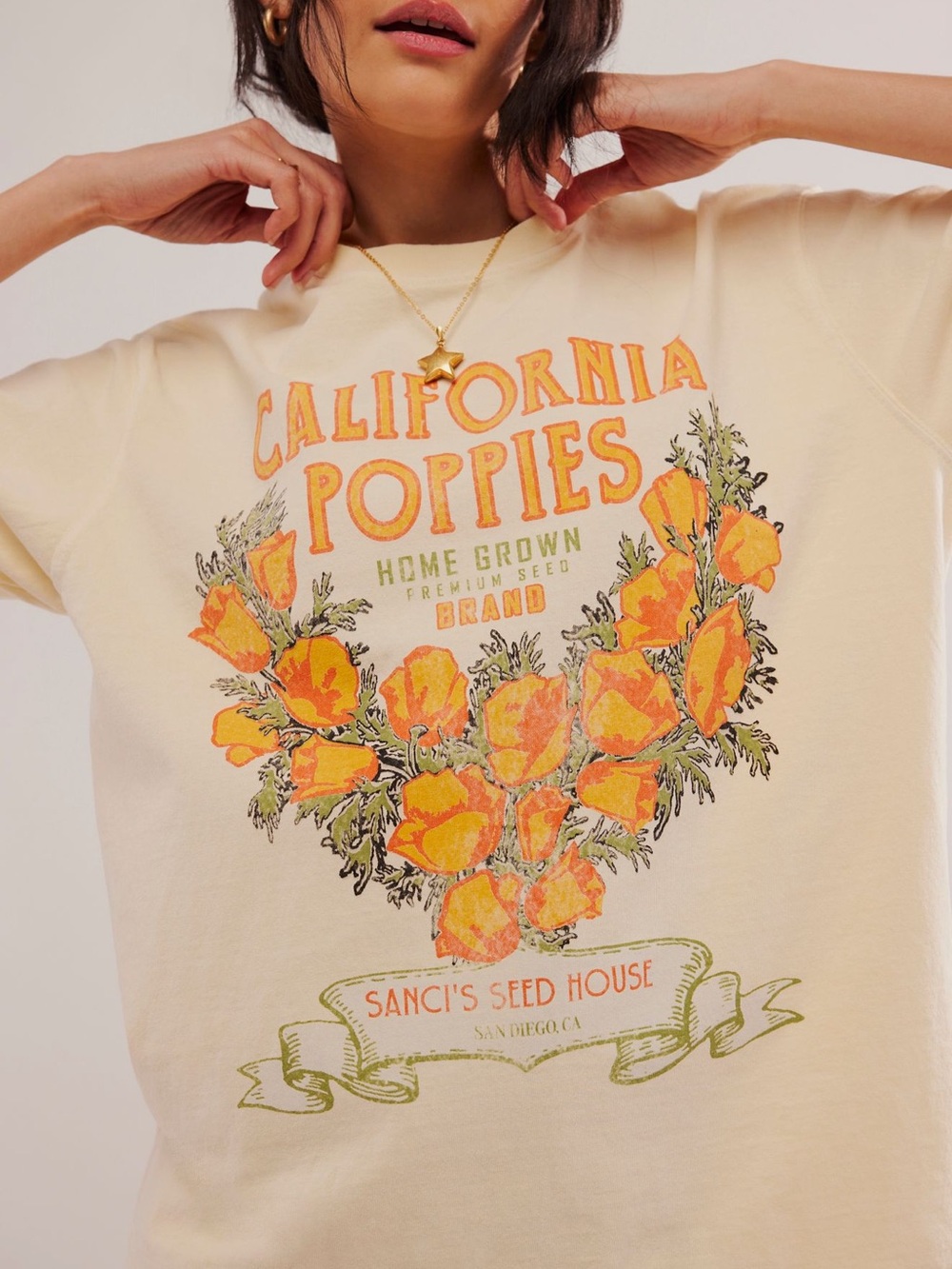 Anthropologie Ragabond brand new California Poppies Short Sleeve Tee - Cream
